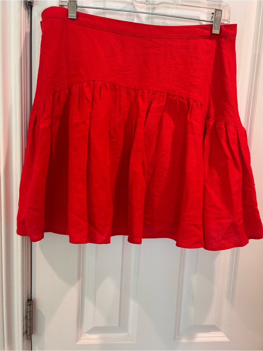 New Avec Les Filles Red Linen Blend Tiered Mini Skirt Flowy A-Line Ruffle Hem 2 - Picture 3 of 7